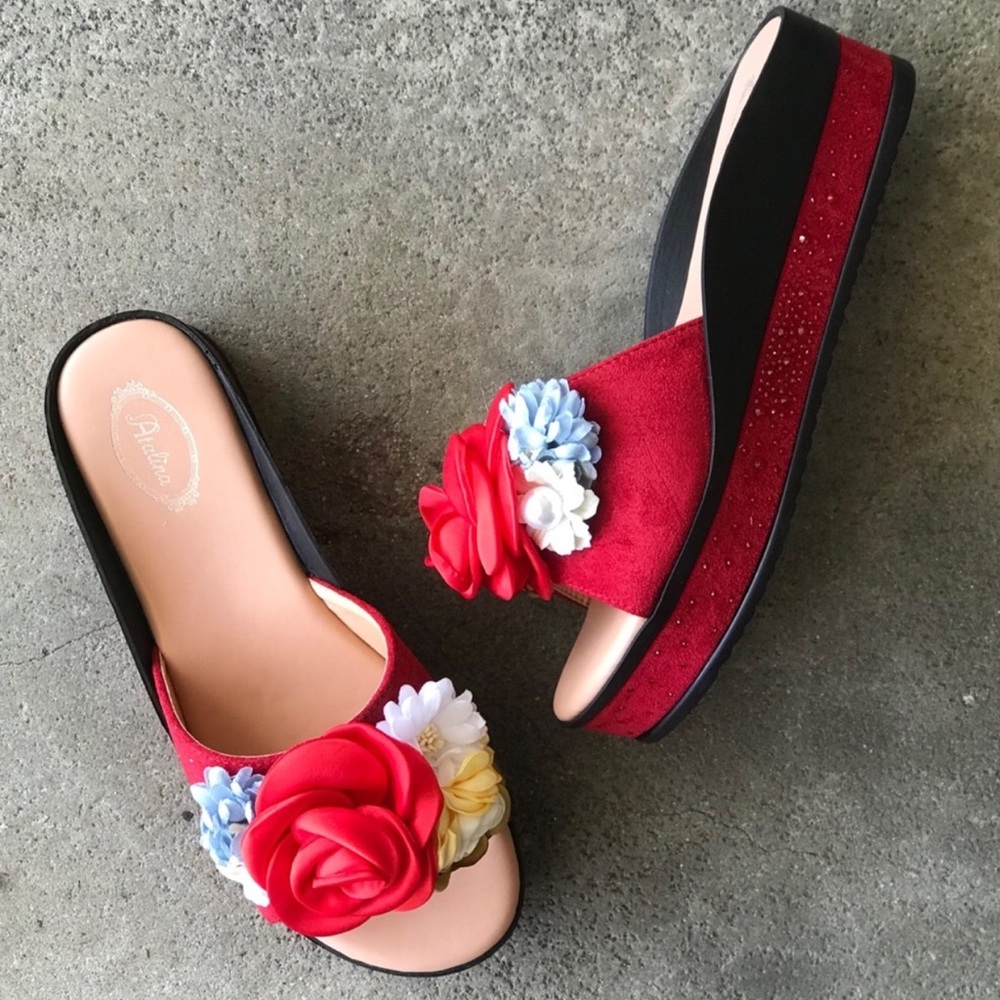 Italina Red Rose 3D Flower Flatform Heeled Wedge Sandal 5.5 - Picture 9 of 14